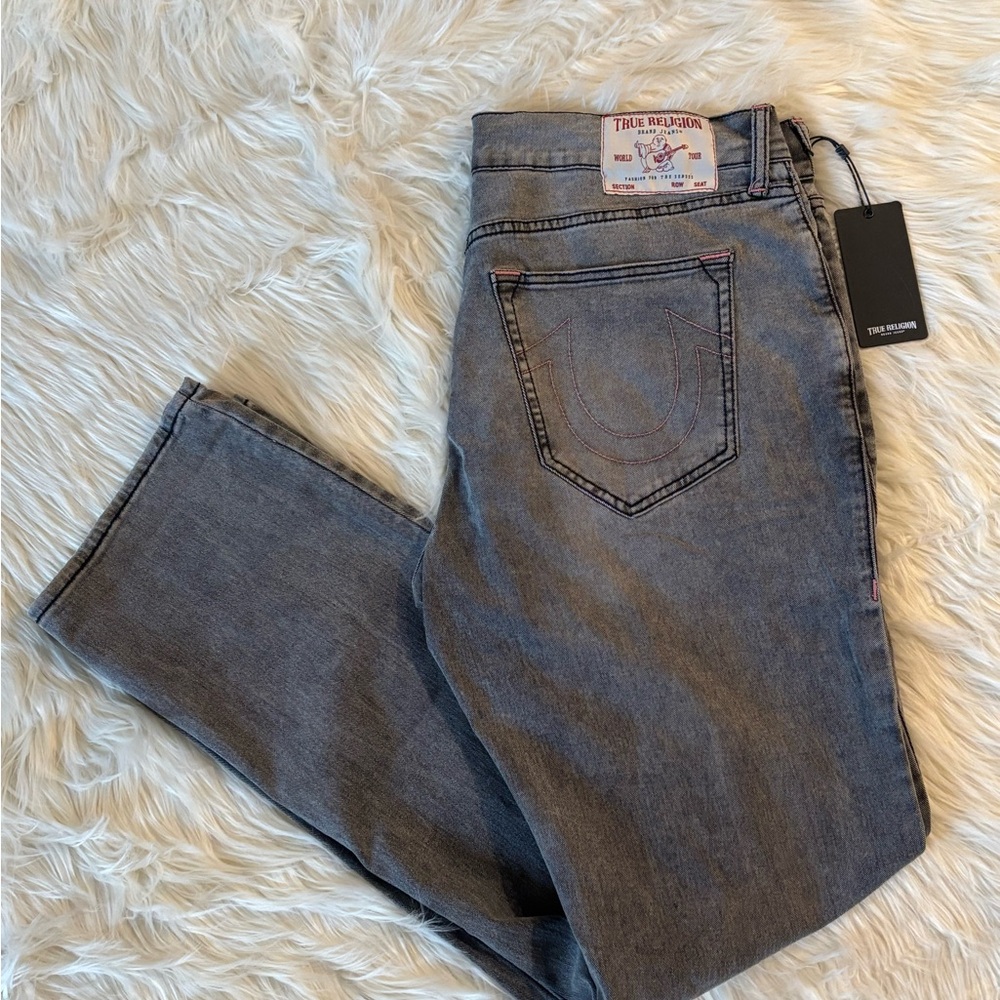 NWT True Religion men’s Ricky Gray pink stitch Straight Leg Jeans 36W 34L